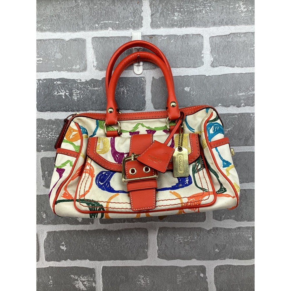 Coach Scribble Multi Color Canvas Satchel Bag Orange Leather Trim 2005 1857
